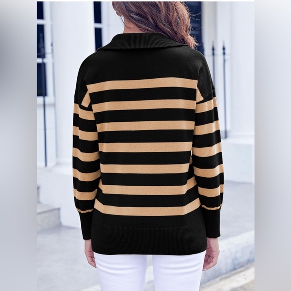 NWOT Women’s Long Sleeve Lightweight Khaki  & Black Striped Half Zip Sweat… - Picture 4 of 8